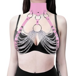 Wide Leather Collar With Bra Chain