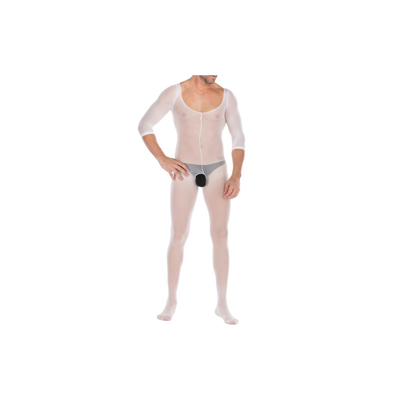 Pure White Crotchless Low Cut Jampsuit Teddy For Men